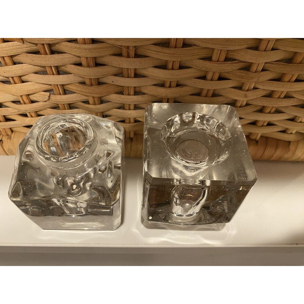 Set of 2 Small Clear Glass Candlestick Candle Holders